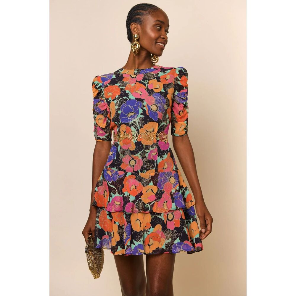 RIXO Black Mini Dress with Orange, Purple & Pink Floral Print